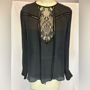 A.L.C. Black Polka Dot Lace-Panel Long Sleeve silk Blouse